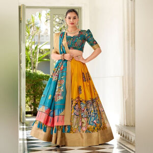 Yellow Kalamkari Print Dola Silk Lehenga Set